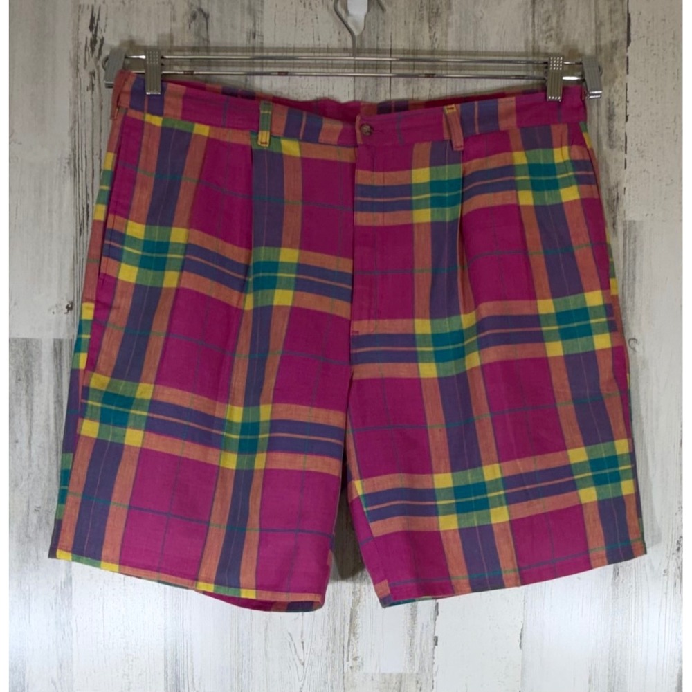 Duck Head Pleated Plaid Shorts W42 (fits 40x8) Pink Yellow Teal Vintage 90s USA